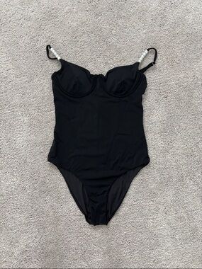 Black One-Piece Swimsuit with Pearl-Accented Straps